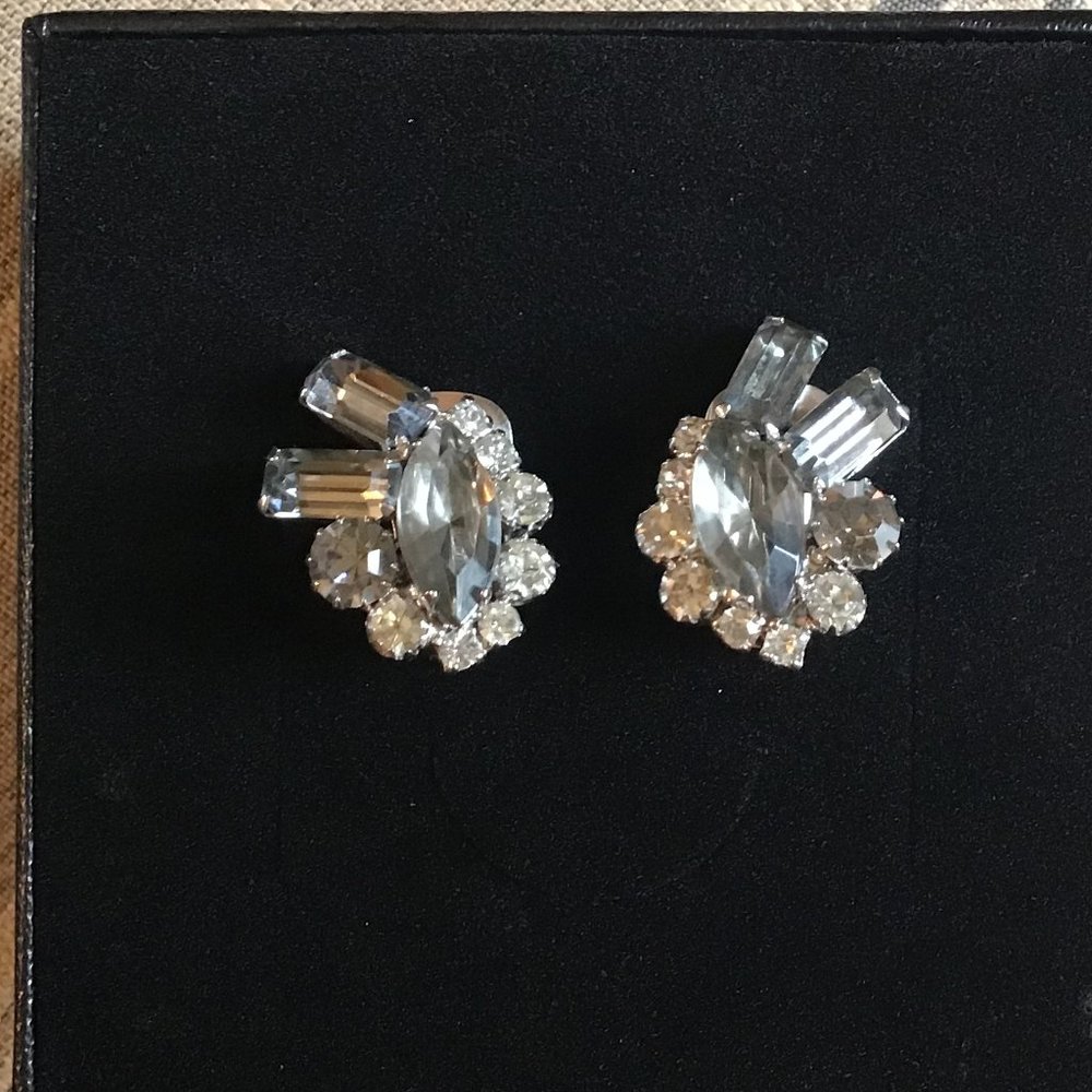 Vintage Rhinestone Continental, Signed Clip On Earrings